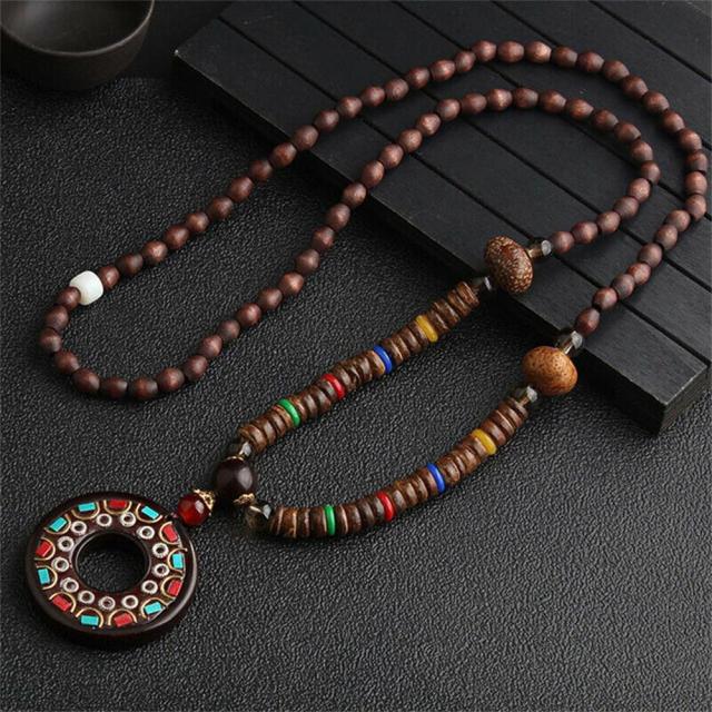 Unisex Handmade Necklace Nepal Buddhist Mala Wood Beads Pendant &amp; Necklace Ethnic Fish Horn Long Statement Men Women&#39;s Jewelry - Maple City Timepieces