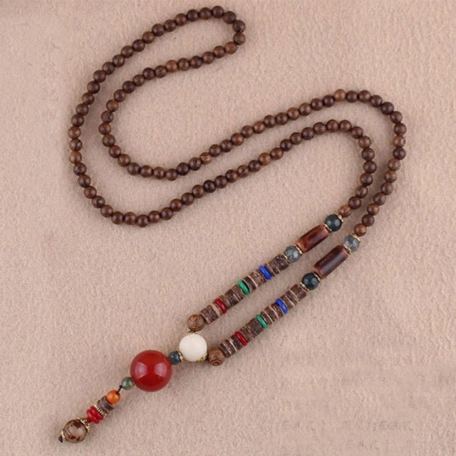 Unisex Handmade Necklace Nepal Buddhist Mala Wood Beads Pendant &amp; Necklace Ethnic Fish Horn Long Statement Men Women&#39;s Jewelry - Maple City Timepieces