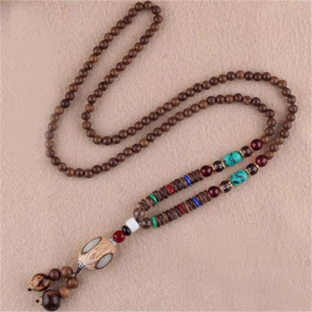 Unisex Handmade Necklace Nepal Buddhist Mala Wood Beads Pendant &amp; Necklace Ethnic Fish Horn Long Statement Men Women&#39;s Jewelry - Maple City Timepieces