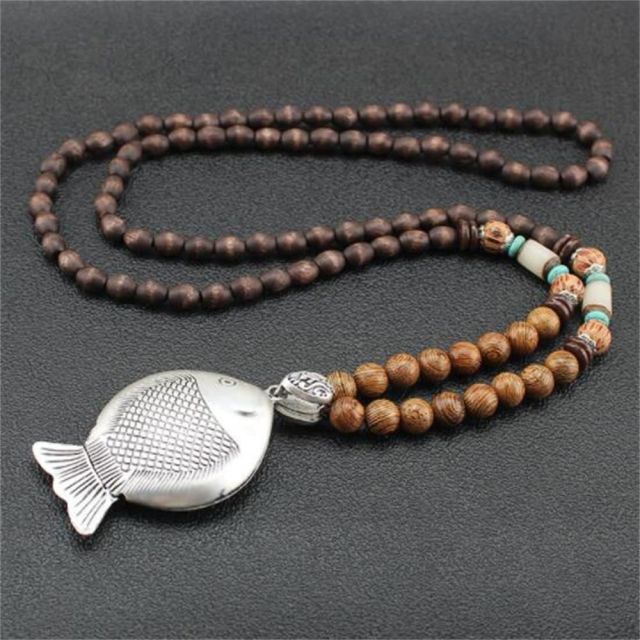 Unisex Handmade Necklace Nepal Buddhist Mala Wood Beads Pendant &amp; Necklace Ethnic Fish Horn Long Statement Men Women&#39;s Jewelry - Maple City Timepieces