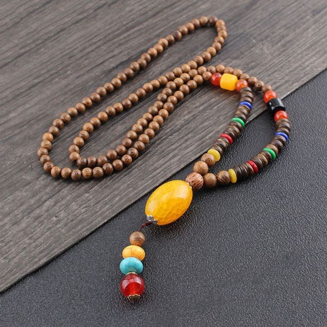 Unisex Handmade Necklace Nepal Buddhist Mala Wood Beads Pendant &amp; Necklace Ethnic Fish Horn Long Statement Men Women&#39;s Jewelry - Maple City Timepieces