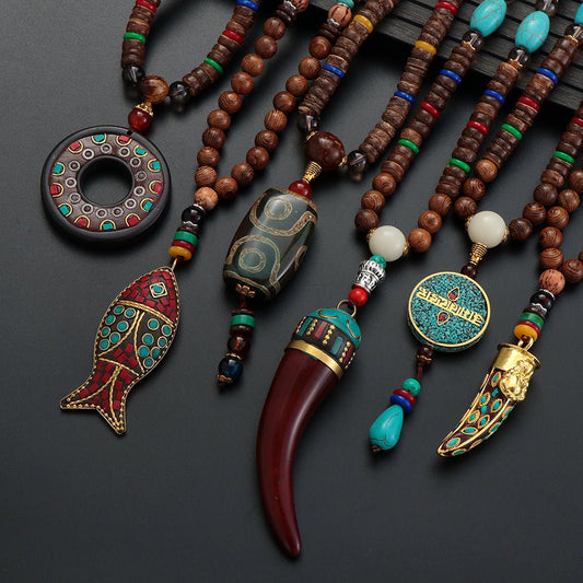 Unisex Handmade Necklace Nepal Buddhist Mala Wood Beads Pendant &amp; Necklace Ethnic Fish Horn Long Statement Men Women&#39;s Jewelry - Maple City Timepieces