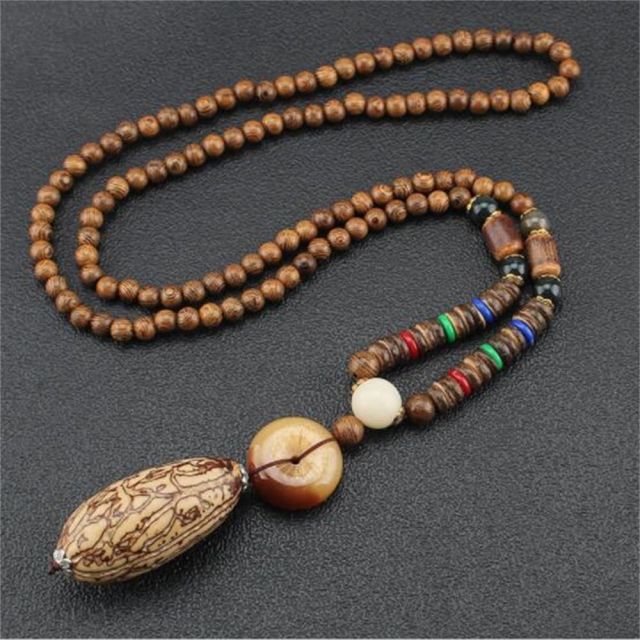 Unisex Handmade Necklace Nepal Buddhist Mala Wood Beads Pendant &amp; Necklace Ethnic Fish Horn Long Statement Men Women&#39;s Jewelry - Maple City Timepieces