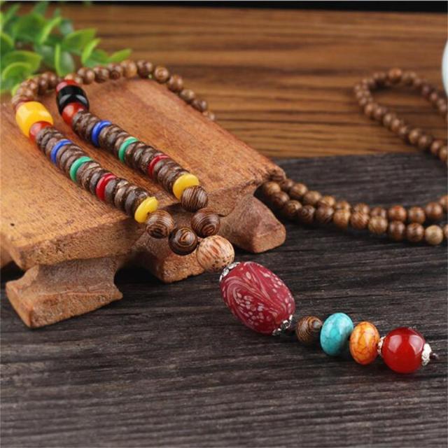 Unisex Handmade Necklace Nepal Buddhist Mala Wood Beads Pendant &amp; Necklace Ethnic Fish Horn Long Statement Men Women&#39;s Jewelry - Maple City Timepieces