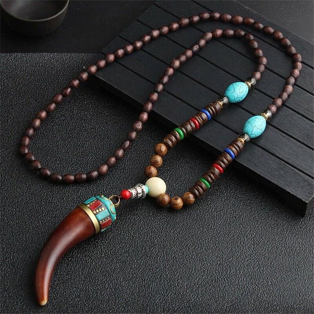 Unisex Handmade Necklace Nepal Buddhist Mala Wood Beads Pendant &amp; Necklace Ethnic Fish Horn Long Statement Men Women&#39;s Jewelry - Maple City Timepieces