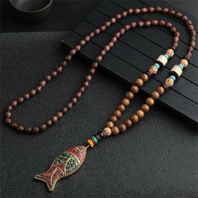 Unisex Handmade Necklace Nepal Buddhist Mala Wood Beads Pendant &amp; Necklace Ethnic Fish Horn Long Statement Men Women&#39;s Jewelry - Maple City Timepieces