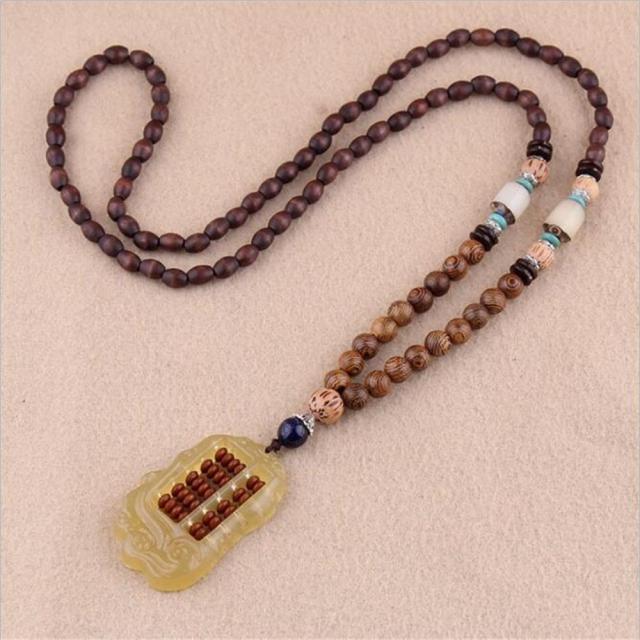 Unisex Handmade Necklace Nepal Buddhist Mala Wood Beads Pendant &amp; Necklace Ethnic Fish Horn Long Statement Men Women&#39;s Jewelry - Maple City Timepieces