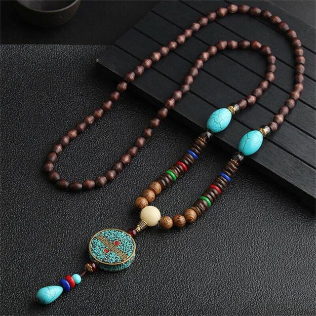 Unisex Handmade Necklace Nepal Buddhist Mala Wood Beads Pendant &amp; Necklace Ethnic Fish Horn Long Statement Men Women&#39;s Jewelry - Maple City Timepieces