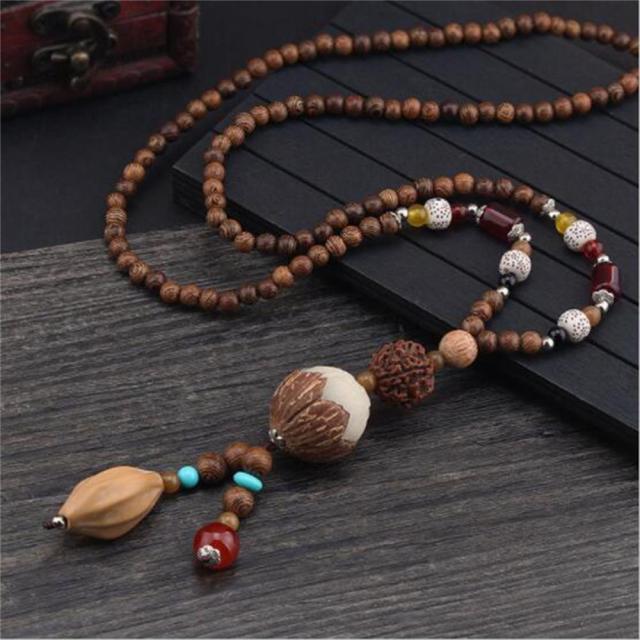 Unisex Handmade Necklace Nepal Buddhist Mala Wood Beads Pendant &amp; Necklace Ethnic Fish Horn Long Statement Men Women&#39;s Jewelry - Maple City Timepieces