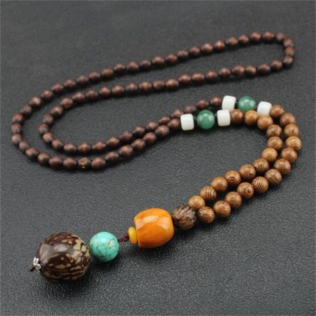 Unisex Handmade Necklace Nepal Buddhist Mala Wood Beads Pendant &amp; Necklace Ethnic Fish Horn Long Statement Men Women&#39;s Jewelry - Maple City Timepieces