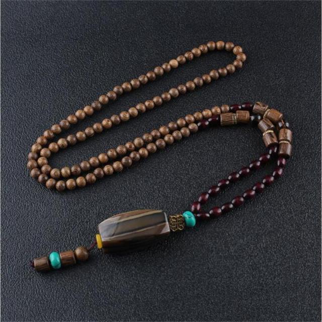 Unisex Handmade Necklace Nepal Buddhist Mala Wood Beads Pendant &amp; Necklace Ethnic Fish Horn Long Statement Men Women&#39;s Jewelry - Maple City Timepieces