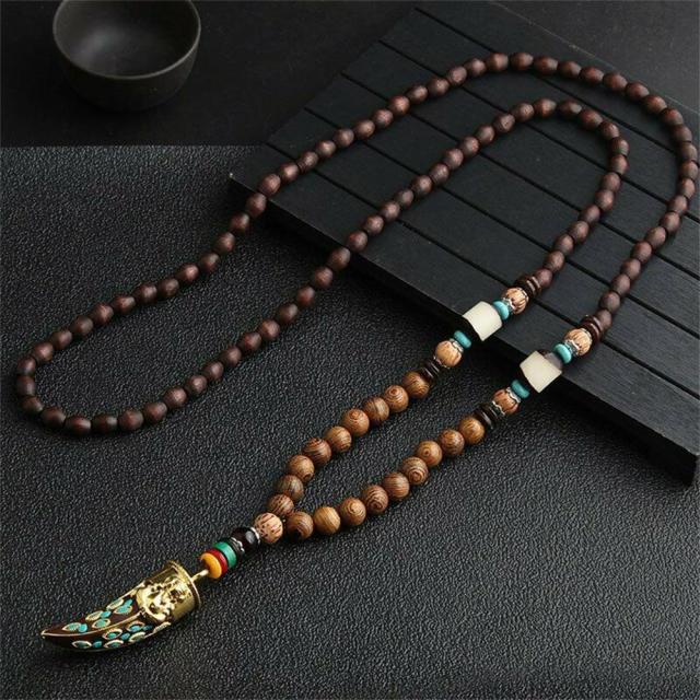 Unisex Handmade Necklace Nepal Buddhist Mala Wood Beads Pendant &amp; Necklace Ethnic Fish Horn Long Statement Men Women&#39;s Jewelry - Maple City Timepieces