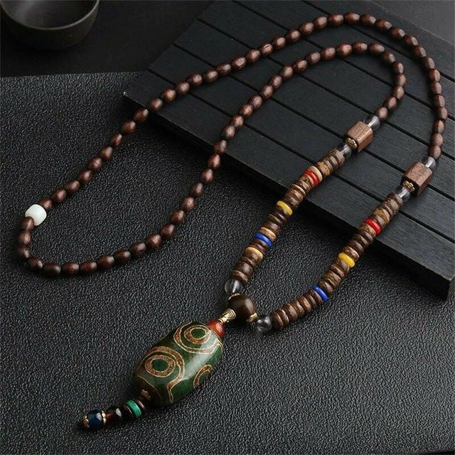 Unisex Handmade Necklace Nepal Buddhist Mala Wood Beads Pendant &amp; Necklace Ethnic Fish Horn Long Statement Men Women&#39;s Jewelry - Maple City Timepieces