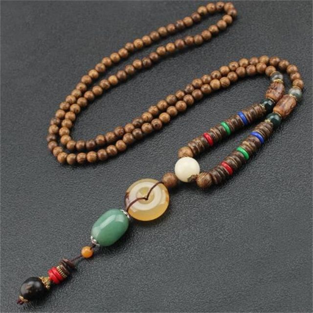 Unisex Handmade Necklace Nepal Buddhist Mala Wood Beads Pendant &amp; Necklace Ethnic Fish Horn Long Statement Men Women&#39;s Jewelry - Maple City Timepieces