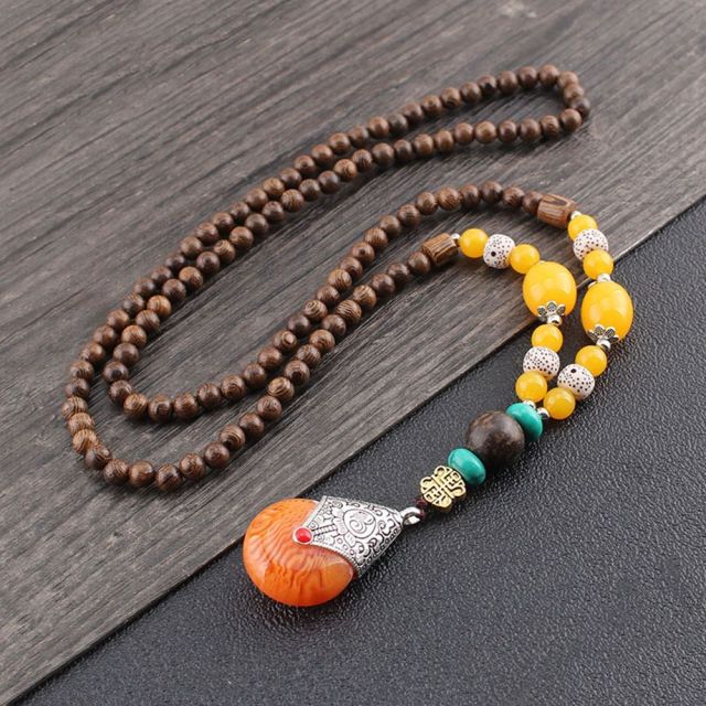 Unisex Handmade Necklace Nepal Buddhist Mala Wood Beads Pendant &amp; Necklace Ethnic Fish Horn Long Statement Men Women&#39;s Jewelry - Maple City Timepieces