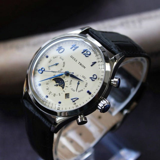 Vintage Automatic Watches Men Mechanical Wristwatches Retro 38mm Stainless Steel Moonphase Dome Mineral Glass Watch Tianjin 1963 - Maple City Timepieces