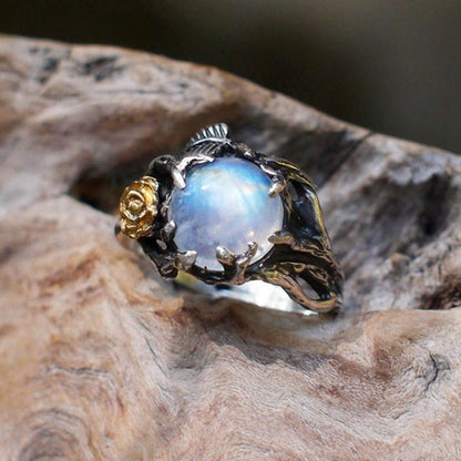 Vintage Moonstone Ring For Women Black Jewelry Gold Flower Finger Ring Female Charming Jewelry Gift Wedding Statement Ring - Maple City Timepieces