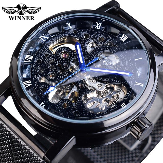 Winner Transparent Golden Case Luxury Casual Design Brown Leather Strap Mens Watches Top Brand Luxury Mechanical Skeleton Watch - Maple City Timepieces